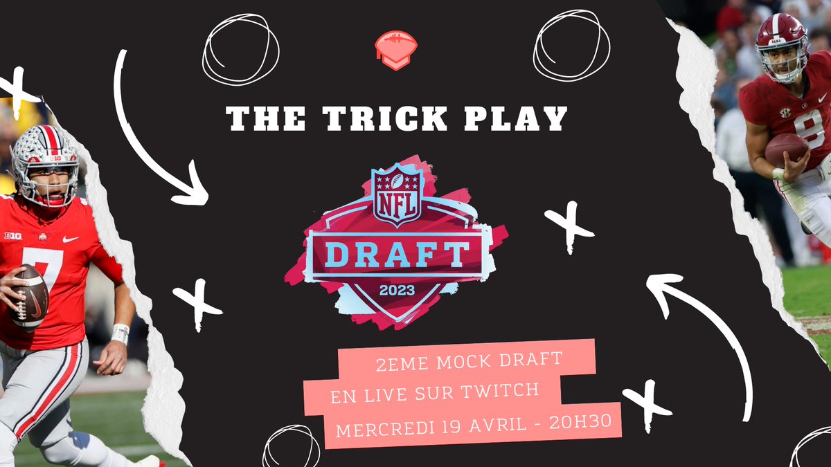 TheTrickPlayFR's tweet photo. 🗣️ MOCK DRAFT FINALE !
L'équipe @TheTrickPlayFR vous donne RDV sur TWITCH mercredi soir à 20h30 pour la dernière mock draft avant la #NFLDraft2023. Il s'agira d'une mock sans trade.
📲 : https://t.co/pkPUP9xLzE https://t.co/jwvdAjG986