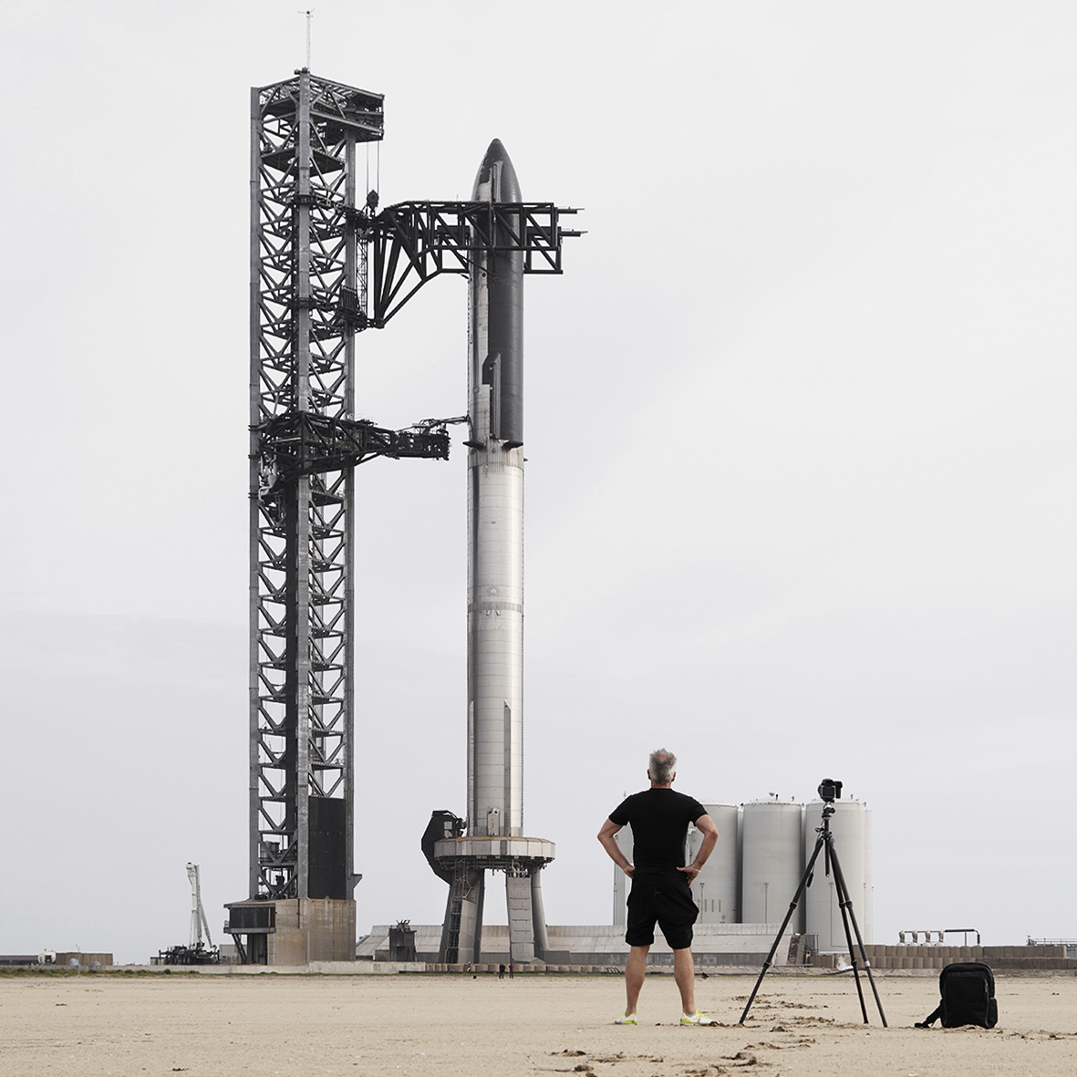 Starship is fully stacked and ready for it´s first orbital launch attempt tomorrow morning. I am at Starbase to take pictures for a new artwork. Exciting space times. #michaelnajjar #starbase #spacex #starship