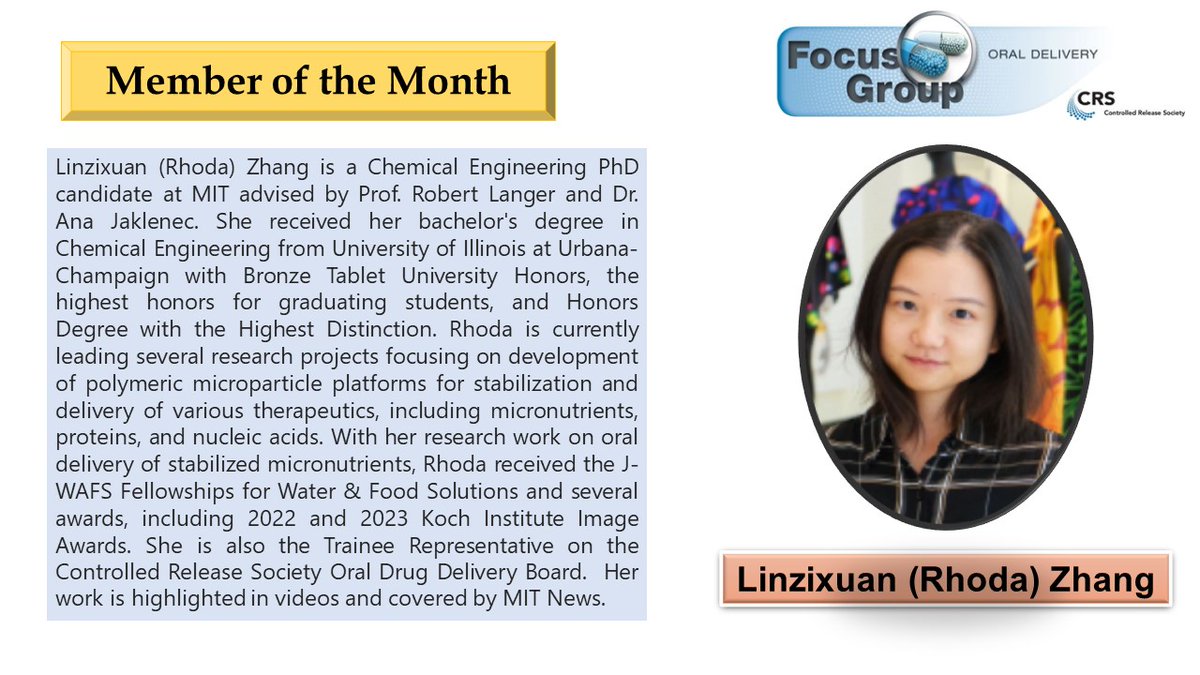 CRS Oral Delivery Focus Group (@crs_fg_oral) on Twitter photo Happy to announce our <a href="/CRS_FG_Oral/">CRS Oral Delivery Focus Group</a> trainee of the month winner : Linzixuan (Rhoda) Zhang from <a href="/MIT/">Massachusetts Institute of Technology (MIT)</a> . Know more about Rhoda 👇👇
news.mit.edu/2022/mit-phd-s…
news.mit.edu/2022/phd-stude…
youtu.be/Q7J8QcGTeYU
youtu.be/21h9JRHBwHo Happy to announce our <a href="/CRS_FG_Oral/">CRS Oral Delivery Focus Group</a> trainee of the month winner : Linzixuan (Rhoda) Zhang from <a href="/MIT/">Massachusetts Institute of Technology (MIT)</a> . Know more about Rhoda 👇👇
news.mit.edu/2022/mit-phd-s…
news.mit.edu/2022/phd-stude…
youtu.be/Q7J8QcGTeYU
youtu.be/21h9JRHBwHo