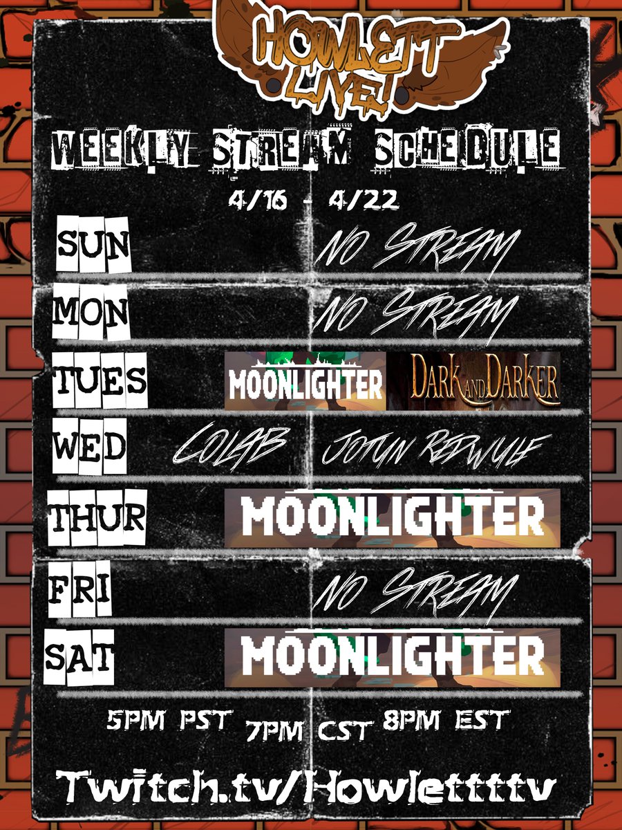 HowlettLIVE's tweet photo. Here's my schedule for my first week of streaming! Lets all hope that Dark and Darker can actually happen on Tuesday haha. A HUGE shout out to THE Big Jo Redwulf AKA  |@JotunRedwulfCh| for letting me colab with him during his Subathon 
#Vtuber #VtuberEN #VtuberUprising #Vtubers https://t.co/B9BE1KM5aw