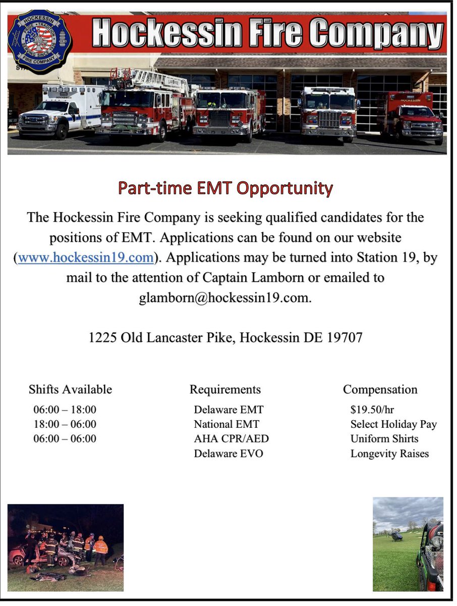 Hockessin Fire Company is seeking both Part-Time EMT’s and Part-Time FF/EMT’s. Applications can be found on the Home Page of our Website at: hockessin19.com.