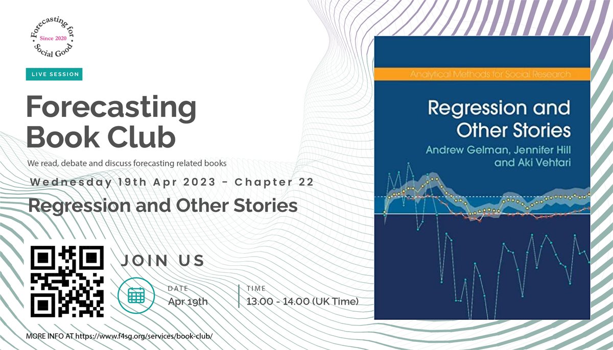 FSG_forecast's tweet image. Hi everyone,  
We read Chapter 22 of "Regression and Other Stories" on Wednesday, April 19th, at 1 pm (UK time).  Here is the link to the book: lnkd.in/d5k4iDji
Join the Forecasting Book Club Slack Channel: lnkd.in/g3Mzpq8X
#F4SG #Forecasting #FBB