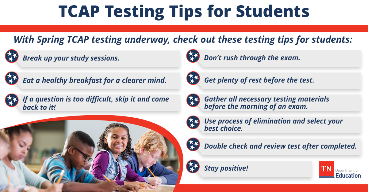 TNedu's tweet photo. For a lot of Tennessee students, tomorrow starts the annual TCAP assessment. Help wish these students good luck and help them prepare by sharing these tips--> https://t.co/No2e1eHz8K