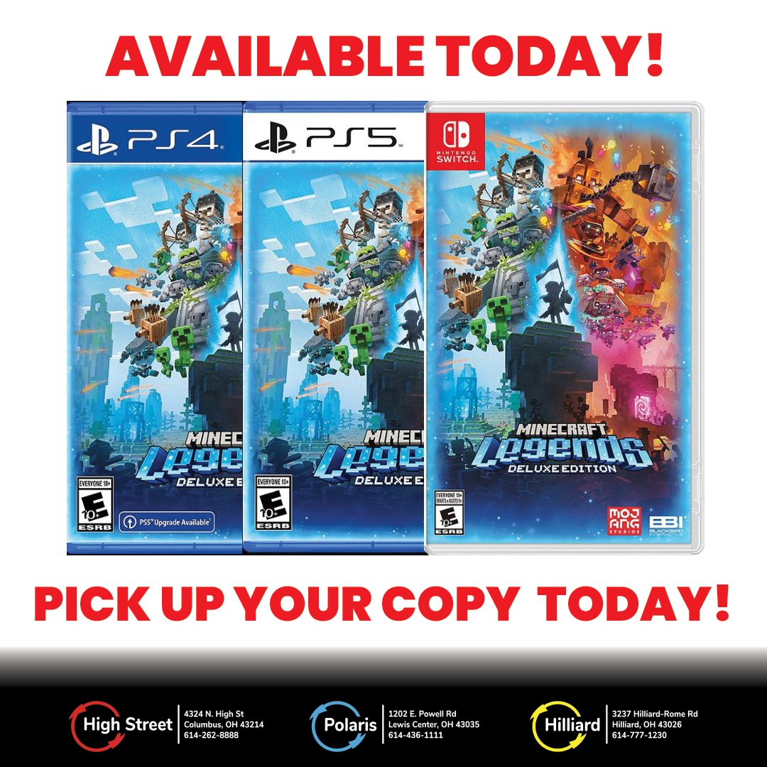 Play_It_GMM's tweet image. New Release Alert ⚠️ Stop in to any of our 3 locations &amp;amp; pick up your copy of Minecraft Legends Deluxe Edition! Trades are always welcomed. We're open till 8PM! #newrelease #minecraft #pickuptoday #local #videogamestore