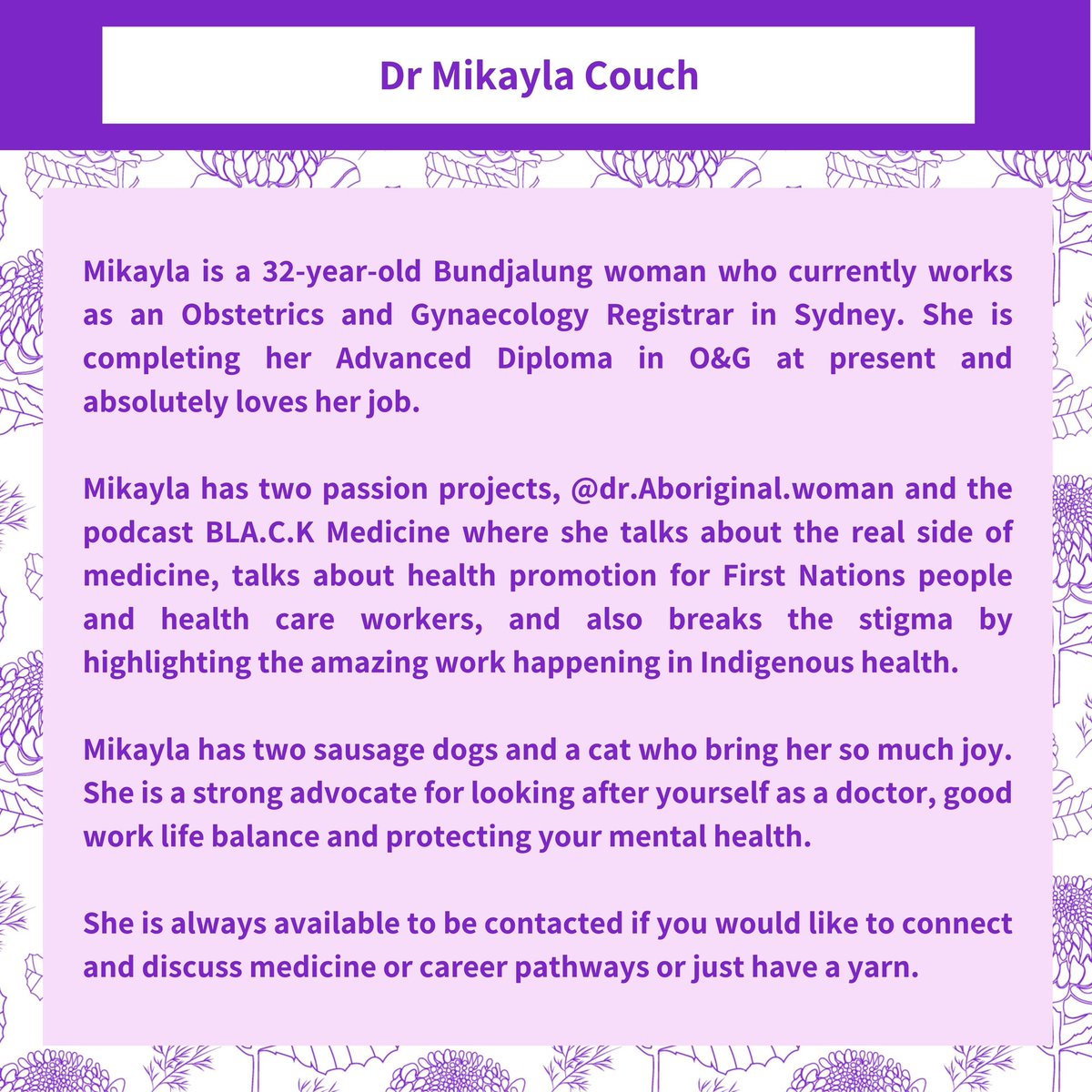Medical Women's Society of NSW (@mws_nsw) on Twitter photo ✨DOCTOR SPOTLIGHT✨: The remarkable, multi-talented Dr Mikayla Couch aka <a href="/AboriginalDr/">DrAboriginalWoman</a> 💖 ✨DOCTOR SPOTLIGHT✨: The remarkable, multi-talented Dr Mikayla Couch aka <a href="/AboriginalDr/">DrAboriginalWoman</a> 💖