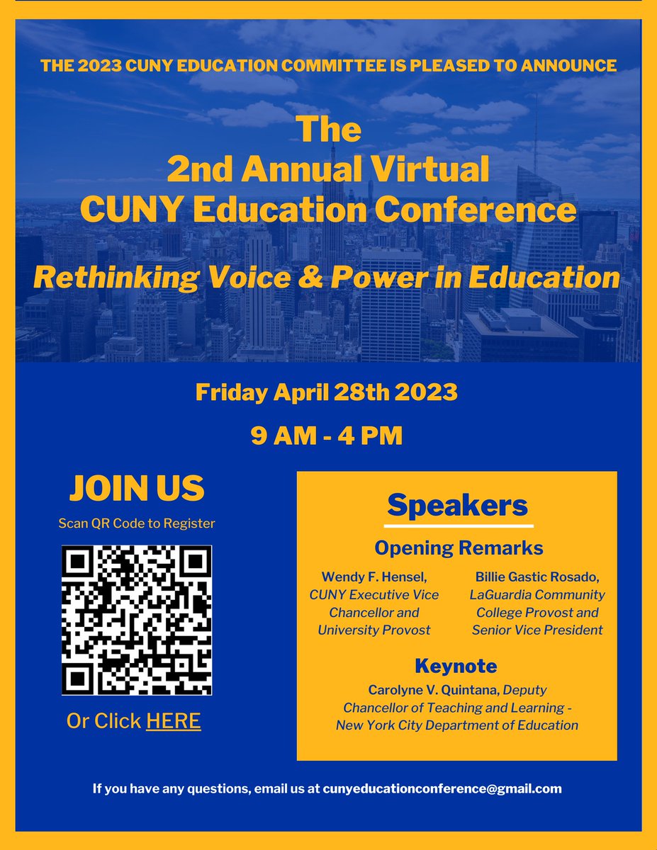 #CUNYEDCON23 is less than 2 week away! Join us as ✨  30+ presenters from across CUNY and the DOE come together to Rethink Voice and Power in Education K-12+. 

When: Friday 28th April from 9:00am-4:00pm
Where: Online

Register and check out the program at bit.ly/CUNYEDCON23