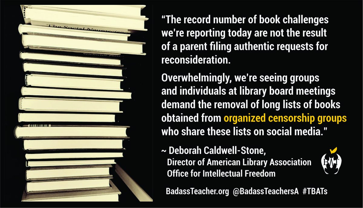 NEA BAT Caucus (@neabatcaucus) on Twitter photo Unite against Book Bans. Organized censorship groups are attacking schools, teachers, libraries & librarians for political reasons. #FreePeopleReadFreely uniteagainstbookbans.org/2022-book-bans/ #TBATs
<a href="/AFTBATcaucus/">AFT BAT Caucus</a> <a href="/rweingarten/">Randi Weingarten ๐บ๐ธโ๐๐ช๐ฟ๐ฉโ๐๐ฃ๐บ๐ฆ</a> <a href="/BeckyPringle/">Becky Pringle</a> #edchat #supportpublicschools
#suppportlibraries Unite against Book Bans. Organized censorship groups are attacking schools, teachers, libraries & librarians for political reasons. #FreePeopleReadFreely uniteagainstbookbans.org/2022-book-bans/ #TBATs
<a href="/AFTBATcaucus/">AFT BAT Caucus</a> <a href="/rweingarten/">Randi Weingarten ๐บ๐ธโ๐๐ช๐ฟ๐ฉโ๐๐ฃ๐บ๐ฆ</a> <a href="/BeckyPringle/">Becky Pringle</a> #edchat #supportpublicschools
#suppportlibraries