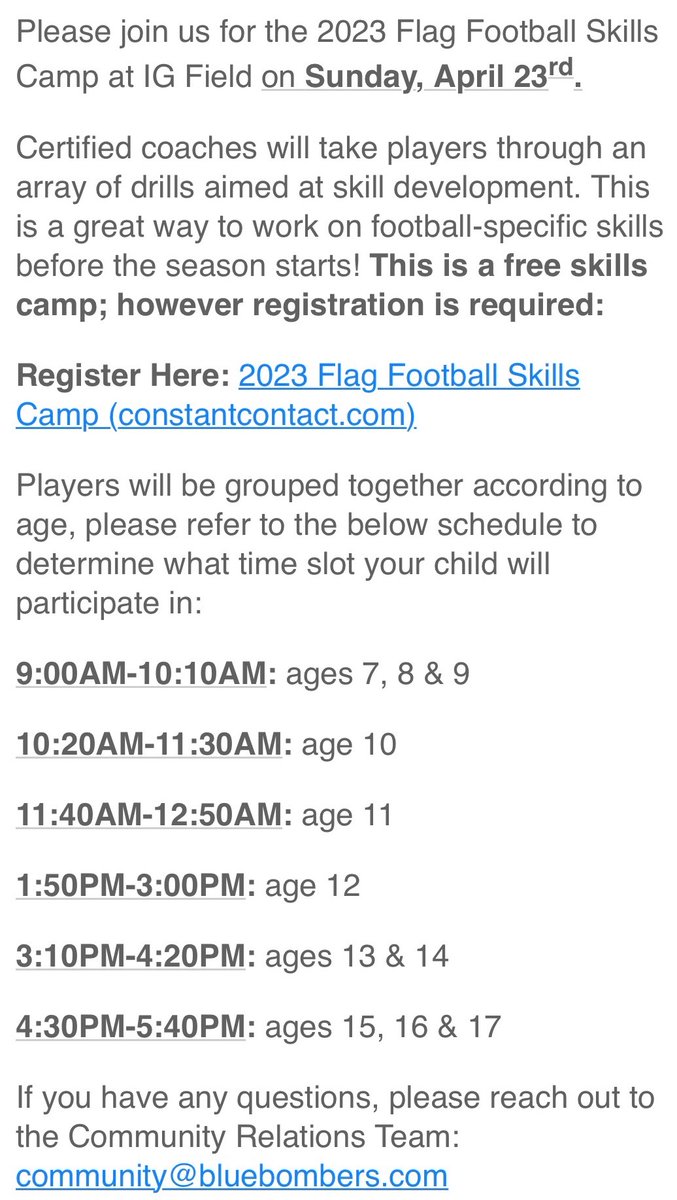 GoRods's tweet image. Blue Bombers are having their 2023 Flag Football Skills Camp at IG Field Sunday, April 23. 

Link below to register! Contact community@blubombers.com for info.

events.r20.constantcontact.com/register/m?oei…