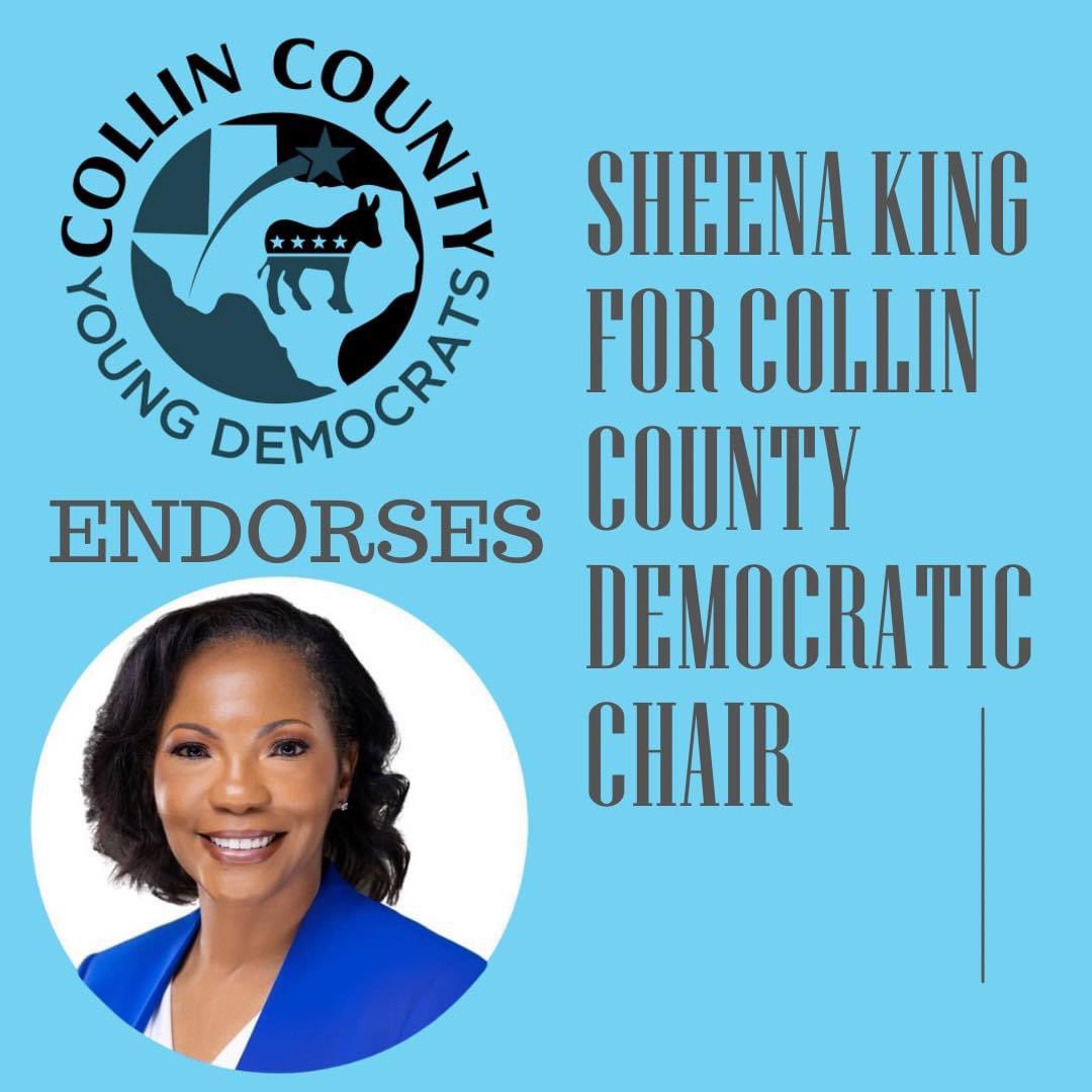 Sheena King for Texas (@skingfortexas) on Twitter photo Appreciate the endorsement of the <a href="/CollinYDs/">Collin County Young Democrats</a> and their commitment to build a brighter future for all Texans by promoting political activism. 💙
#SheenaKingForTexas #bethelight #useyourvoice #CollinCounty #collincountydemocrats #turntexasblue #fightfordemocracy Appreciate the endorsement of the <a href="/CollinYDs/">Collin County Young Democrats</a> and their commitment to build a brighter future for all Texans by promoting political activism. 💙
#SheenaKingForTexas #bethelight #useyourvoice #CollinCounty #collincountydemocrats #turntexasblue #fightfordemocracy