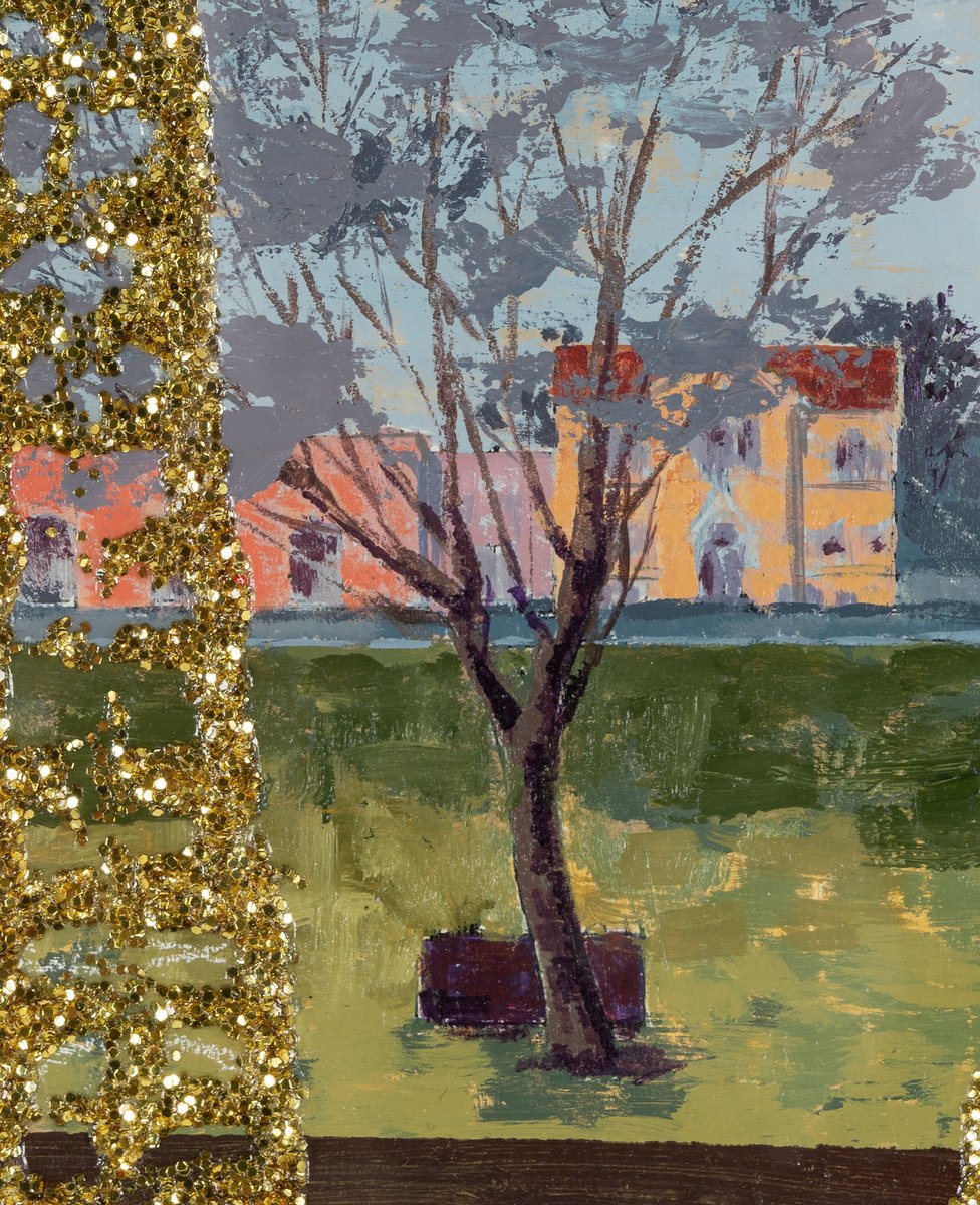 Don't miss Kerry James Marshall's innovative art, Curtained Window (2005), showcasing marginalized bodies and experimentation with glitter &amp; optics. This work and other contemporary works are up for auction on April 19th. 

Learn more: bit.ly/3Mmvq2f #KerryJamesMarshall