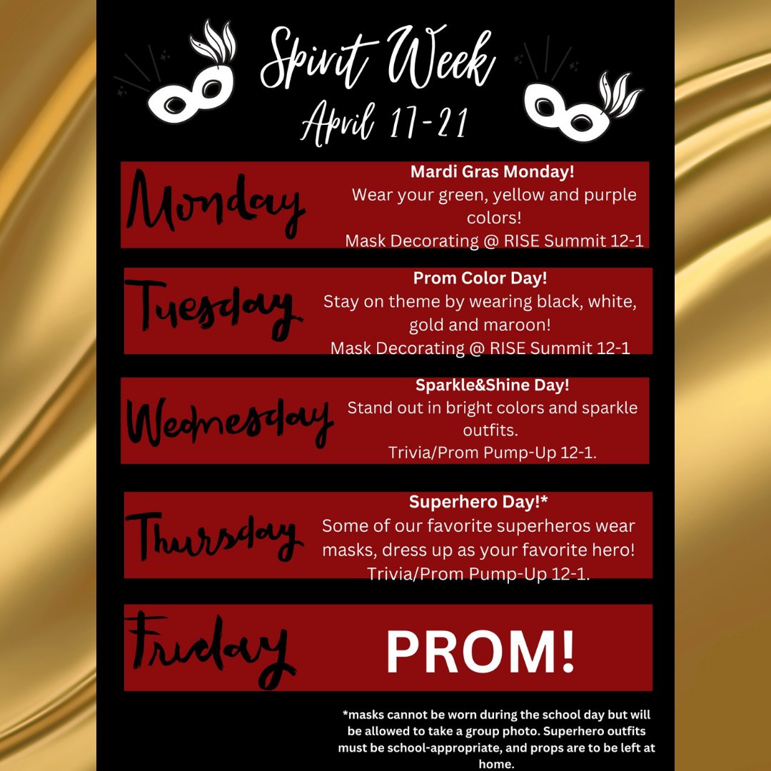 Get ready for prom by jumping in on Spirit Week activities. Have fun and enjoy the week leading up to prom! @crossroadsflex
