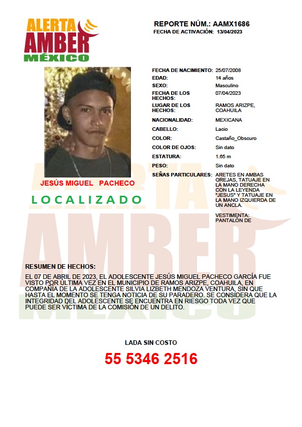 AAMBER_mx's tweet photo. La #AlertaAMBER para JESÚS MIGUEL PACHECO GARCIA de 14 años de edad, se desactiva debido a su localización. ¡Gracias por tu apoyo! https://t.co/zM52AClgdE