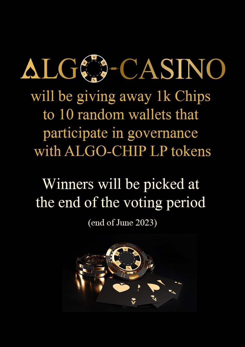 Algo-Casino will offer prizes to Liquidity Providers of the Algo-Chip pair on TinyMan. To celebrate this giveaway, I will be sending 1K $CHIP to a randomly selected person next Tue, Wed &amp; Thu (3K $CHIPs total)!   

Here's how to participate:  
1⃣ Like 
2⃣ Retweet 
3⃣ Follow