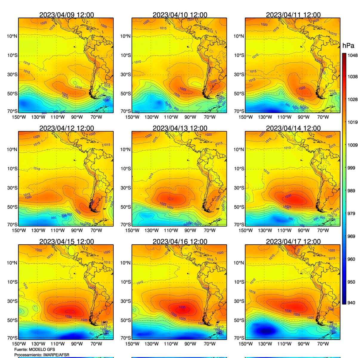 Arturoleo2009's tweet image. Es un mapa de la presión atmosférica #GFS por datos #ERDDAP, que pertenece a la #NOAA, la cua han servido para un análisis sobre cómo lleva el #Anticiclon del Pacífico, marcando hasta el día de mañana 17 de Abril.
@ImarpePeru