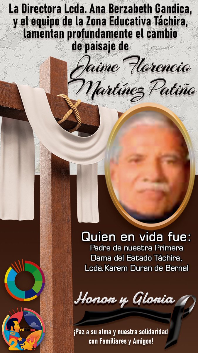 #16Abr Directora d ZET, Ana <a href="/Berzabethg1/">Berzabethgandicaoficial</a> Gandica y su equipo de trabajo, se una al duelo de la Señora <a href="/KaremDeBernal/">Karem Durán de Bernal</a> por la sensible partida de su padre, Señor Jaime Florencio Martínez Patiño, Paz a su Alma. <a href="/NicolasMaduro/">Nicolás Maduro</a> <a href="/_LaAvanzadora/">Yelitze Santaella</a> <a href="/FreddyBernal/">Freddy Bernal</a>