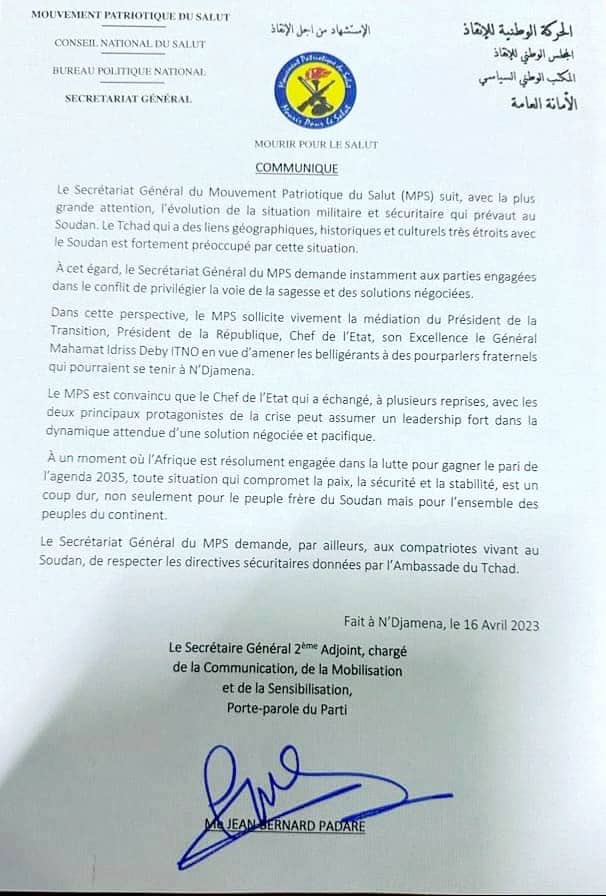 Communiqué du MPS relatif à situation qui prévaut en ce moment au SOUDAN
