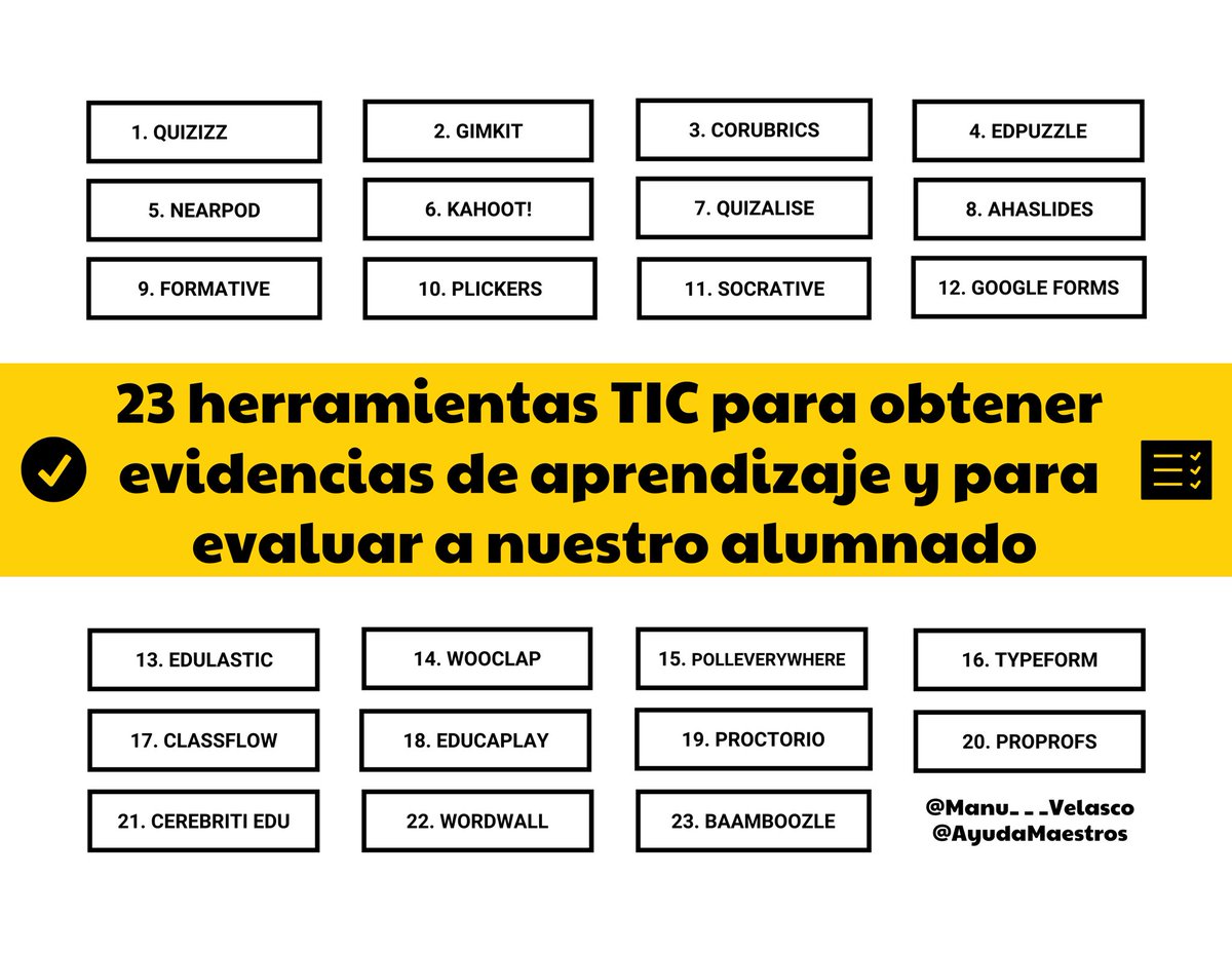23 herramientas TIC para obtener evidencias de aprendizaje y para evaluar a nuestro alumnado. 👉 ayudaparamaestros.com/2022/08/23-her… Por <a href="/Manu___Velasco/">Manu Velasco</a>