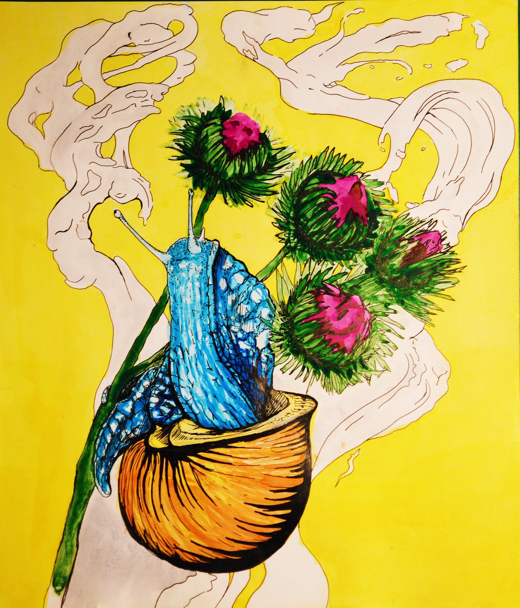 Sodowy_'s tweet photo. Painting title: Gastropoda
Water based and acrylic inks on paper. Mikron fineliners.
Paints: acrylic yellow and green, water magenta, ultramarine, raw sienna. https://t.co/ysb7UTrznt
