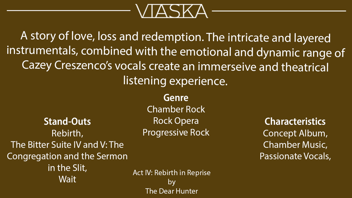 V1aska's tweet photo. Week 4: 'Hunter' returns home after war &amp; falls under the Priest's manipulative influence, pushing him into an existential crisis. Act IV: Rebirth in Reprise by The Dear Hunter tells a powerful story of the realisation of power and loss.

https://t.co/AZQfBWvoa3 https://t.co/sBNmDhVMXu