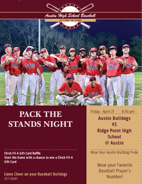 AHSBulldogs's tweet photo. This FRIDAY! Our boys are still working to secure their playoff spot &amp; they need YOU! Come out and support!! @AHSDawgbaseball @AHSAthleticBC @SFAHS_Bulldogs @AHSDawgFootball @AHSBulldogTrack @Soccer_FBAustin @fbahsgirlsoccer @AHS_GirlsBB @AHSdawg_hoops @austinhsgolf @dawgtennis https://t.co/6kamO9OW29