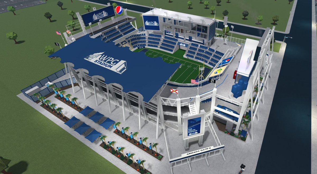 WPGStadium's tweet photo. Introducing West Property Group Stadium! This stadium is based in Orlando FL. It has been under development until the grand opening earlier today. 

This brand new stadium is a center for athletes and performers alike to bring fantastic entertainment to bloxburg. https://t.co/lXsXc2XpON