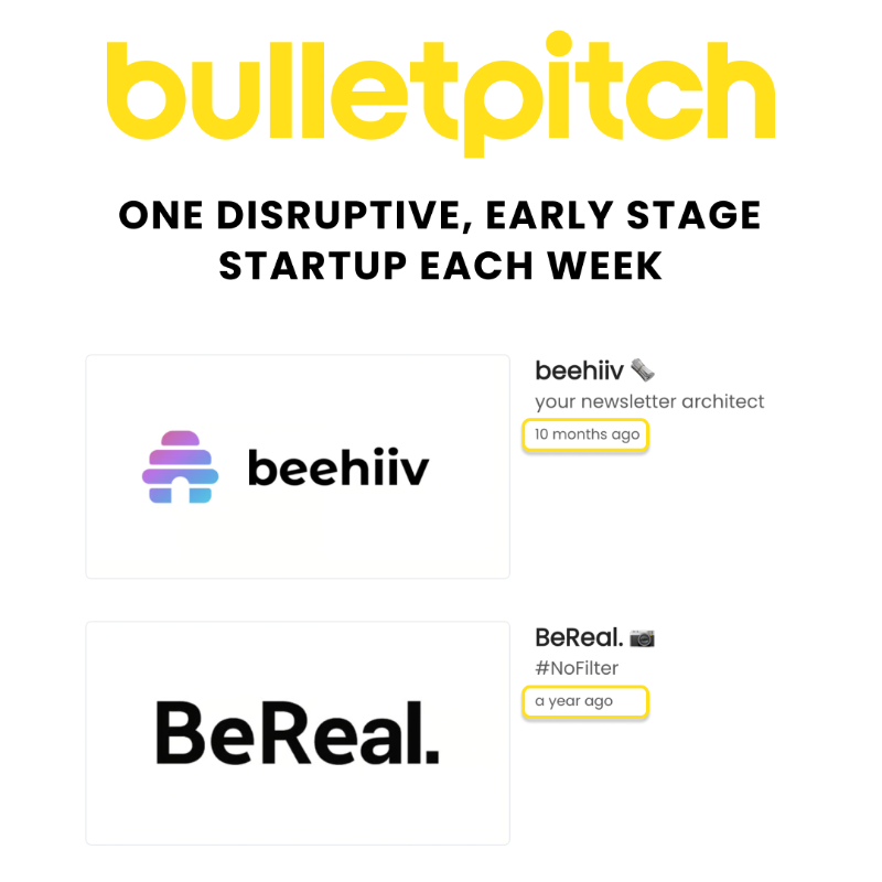 brettperl's tweet photo. Want to learn about the hottest startups before everyone else? 🚀 

Join the thousands of VCs &amp; founders reading Bulletpitch weekly.

✅ 1 email, 1 company, each week
✅ Clear breakdown and insights
✅ 60+ issues &amp; counting

Subscribe now 👇