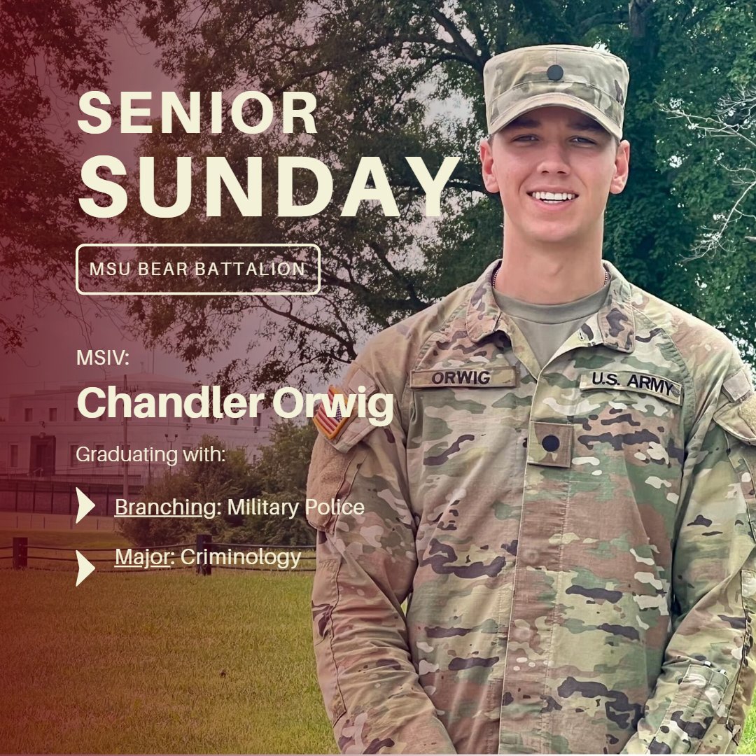 MoStateArmyROTC's tweet photo. It’s Sunday! For Senior Sunday #9, this week we would like to highlight cadet Chandler Orwig!  Way to go CDT Orwig! The Bear Battalion can’t wait to see you commission in 34 days!🐻

#armyrotccadet #3rdbdearmyrotc #3rdbrigadearmyrotc #ArmyROTC #GoMaroon #seniorsunday #senior2023 https://t.co/dESnmu4hML