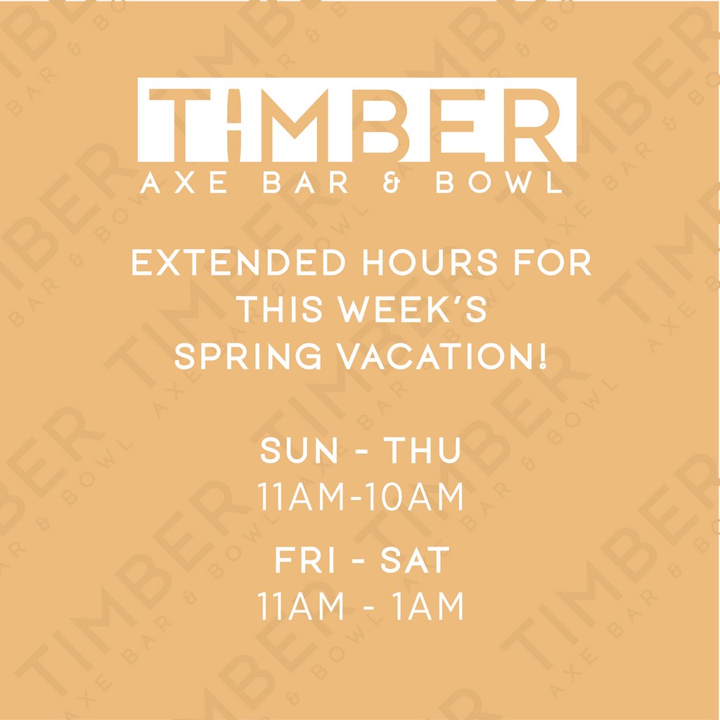 TimberAxBarBowl's tweet photo. Get ready for a spring break like no other at Timber! This week we have extended hours, which means more time to bowl, sip on craft cocktails and indulge in our mouthwatering menu. Don't miss out, and we'll see you there. https://t.co/1FgyPjTVQi