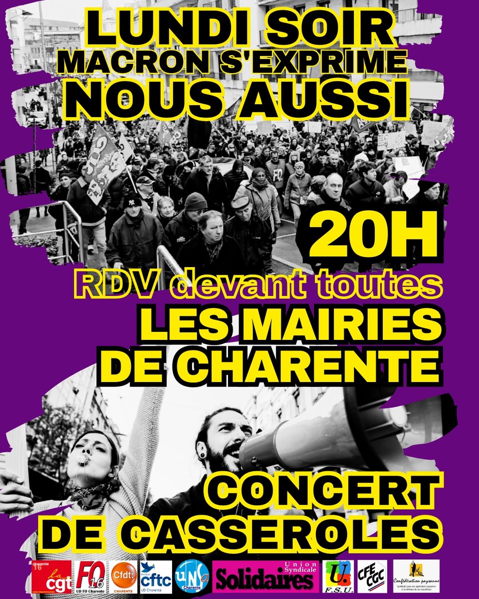 SeUnsa16's tweet photo. ✊#17avril #Lecombatcontinue!
Macron s'exprime... Nous aussi!🔊
RDV #20h devant toutes les mairies de #Charente pour un concert de casseroles. 
🔊Il ne veut pas nous écouter, nous non plus... partout faites du bruit!🔊
#oncontinuelecombat 
#unsa
#seunsa 
#unsaeducation https://t.co/NTuiDzPd5q