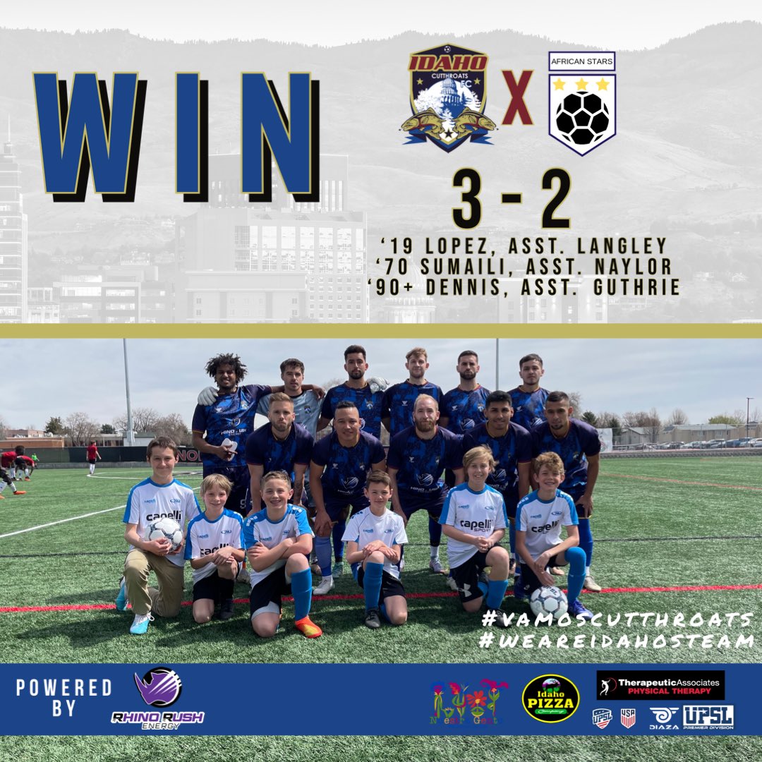A hard fought win with a last chance goal from Damien Dennis!

 Cutthroats finish the weekend with two wins and prepare for the next match. Stay tuned!

Thank you to our fans for their support and to Industrial Coffee Co. for the refreshments!

#vamoscutthroats | #weareidahosteam
