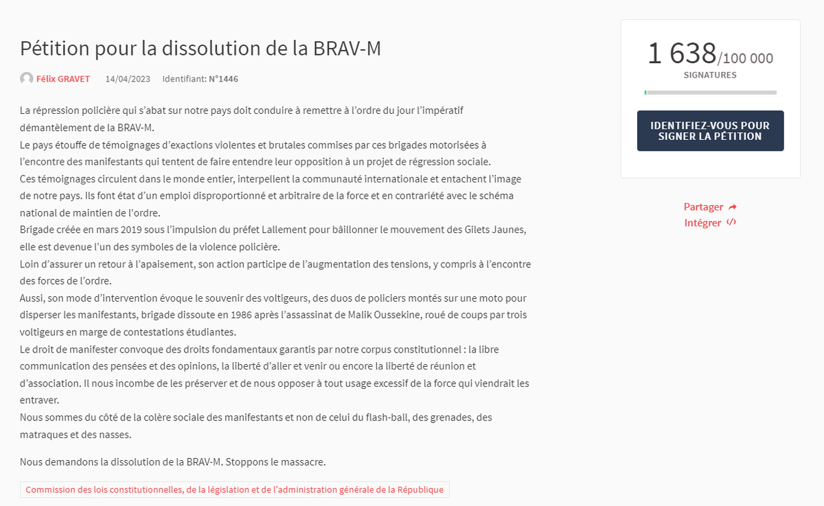 AlertesInfos's tweet image. 🚨🇫🇷ALERTE INFO - Une nouvelle pétition pour la dissolution de la #BRAV a été créée sur le site de l'Assemblée nationale.

👉 Le lien : petitions.assemblee-nationale.fr/initiatives/i-…