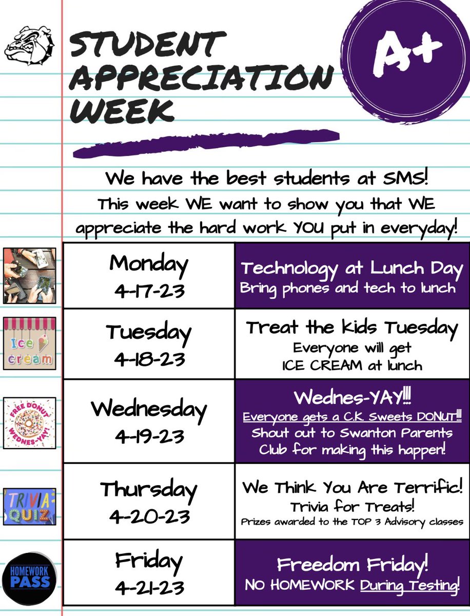 letch116's tweet photo. Big week at @SwantonMS We are combining a lot of cool stuff into one week! 
1. STUDENT APPRECIATION WEEK!
2. Military Family Spirit Week #PurpleStarSchool @PSLuPiba 
3. Don’t Stress the Test Week https://t.co/RfzrRYAs7V