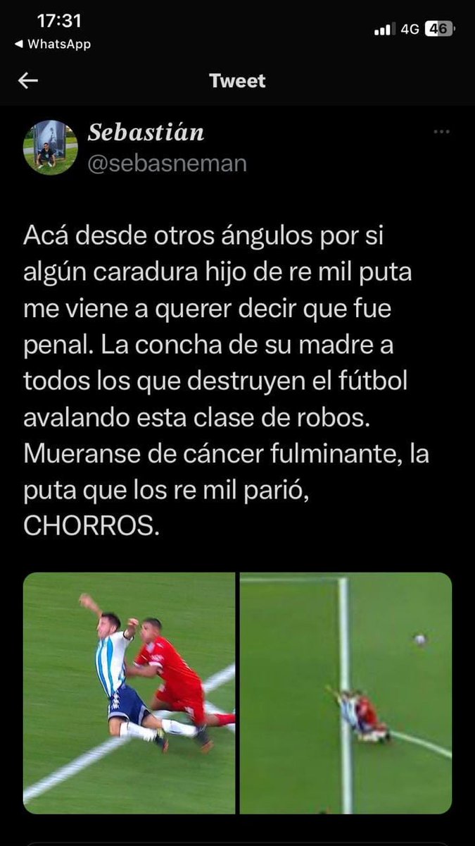 Che, <a href="/sebasneman/">𝑺𝒆𝒃𝒂𝒔𝒕𝒊𝒂́𝒏</a>, ayer querías denunciar legalmente a un pibito por una joda  y hoy twitteas esto y encima borras. Sos un mal tipo, mala leche y cagon encima. Jugas con una enfermedad gravisima que mata miles de personas y deseas la muerte basura. A un pibito querías denunciar.