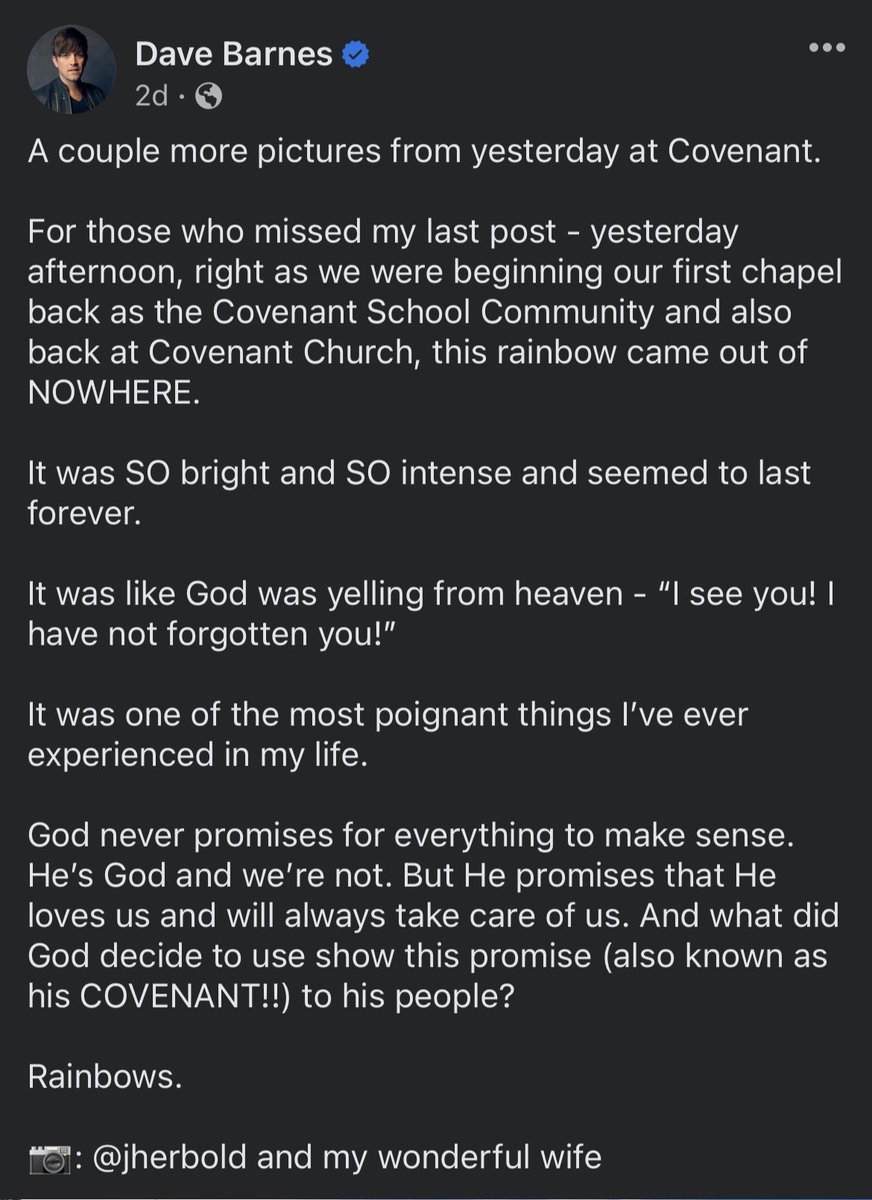 Families from The Covenant School met for a chapel service for the first time this past week since the tragic shooting March 27. 

A rainbow appeared as they gathered.