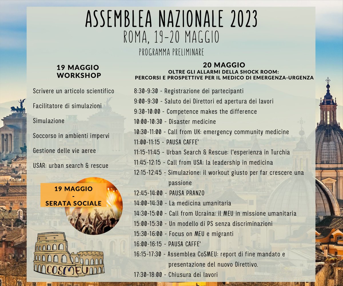 Carichi anche quest’anno per l’Assemblea Nazionale di CosMEU: ci vediamo il 19 e 20 maggio a Roma per due giorni pieni di contenuti.
Iscrizioni aperte dal 19/4 h18 fino ad esaurimento posti.
Tutte le info sul sito: cosmeu.wordpress.com/assemblea-nazi…

#gomeu #CompetenceMatters #goCoSMEU