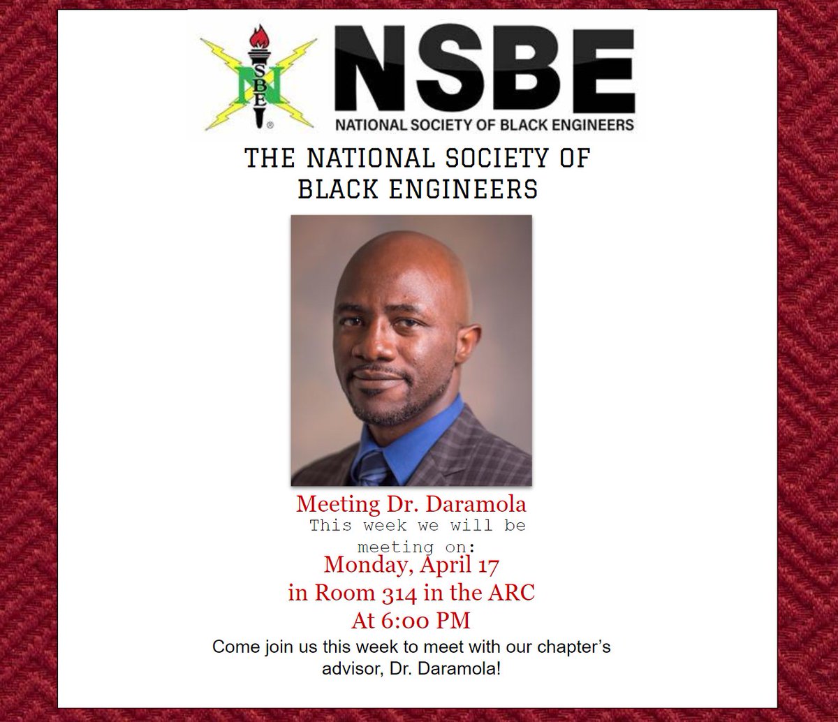 Come join us this week to meet with our chapter's advisor, Dr. Daramola! We will be meeting in room 314 in the ARC at 6 PM on Monday, April 17th! We can't wait to see you there!