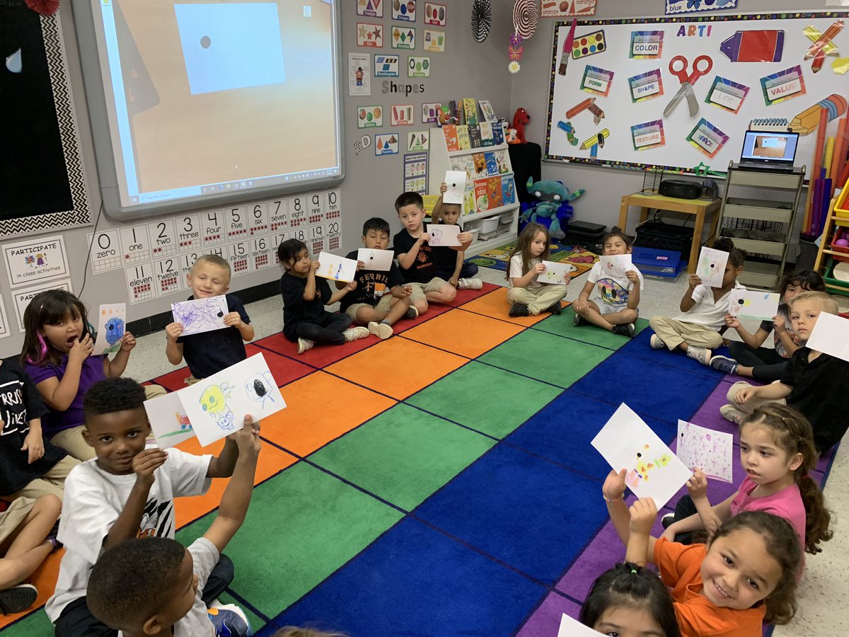 Last week my Kinder Art classes read the story “The Dot”.  Then they made pictures. They were so creative and did a great job sharing their art with the class! The students encouraged and cheered each other on as they shared. Warmed my 🧡🖤🧡!!! <a href="/FISD_Ingram/">Hazel Ingram Elementary School</a> #IngramIngenuity