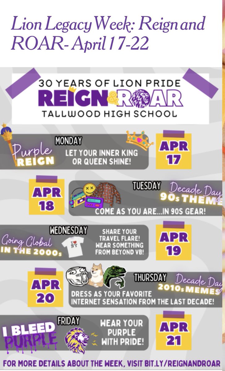 Welcome back, Lions! This week we celebrate 30 years of LION PRIDE with LION LEGACY WEEK🦁

⭐️Mon- Purple Reign Day
💜Tues- 90’s Day
⭐️Wed-Going Global Day
💜Thurs- Meme Day
⭐️Fri- Purple Pride Day

Bring your spirit and REIGN &amp; ROAR! #ROARwithPride