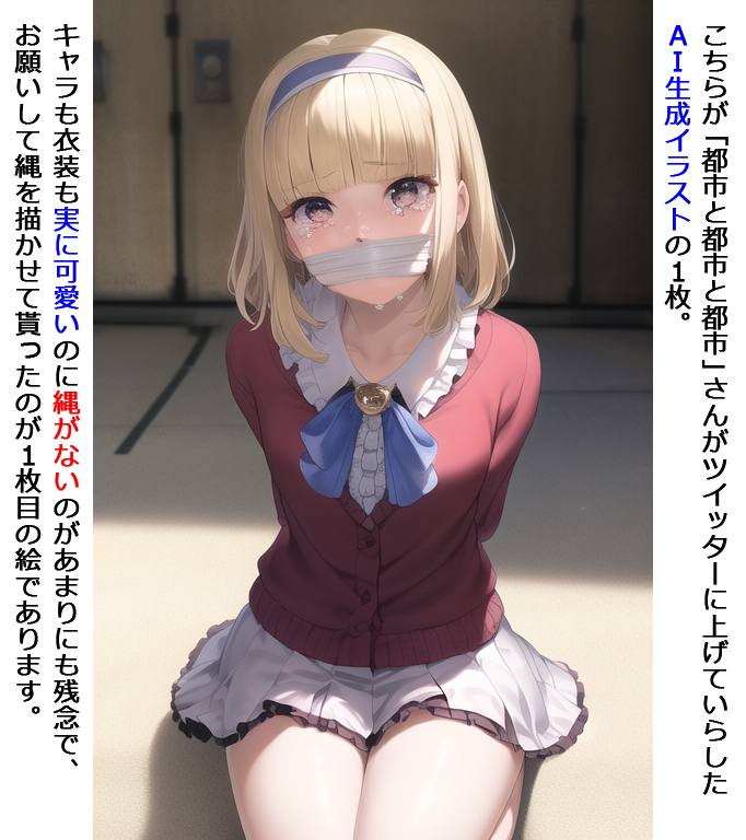 AIとの合作絵に初トライ。
ある方が投稿なさったAI生成画の１枚が気に入り、縄を描き込ませて頂いたのがこの絵で、縄や猿轡など、非日常的でAIが不得手な分野を人が補完してやれば、縛り絵にも何とか使えるかも。
ちなみに元のAIイラストはこちらの１枚目です。
x.com/ajwlAGSWUUgVmS…
#DIDの日