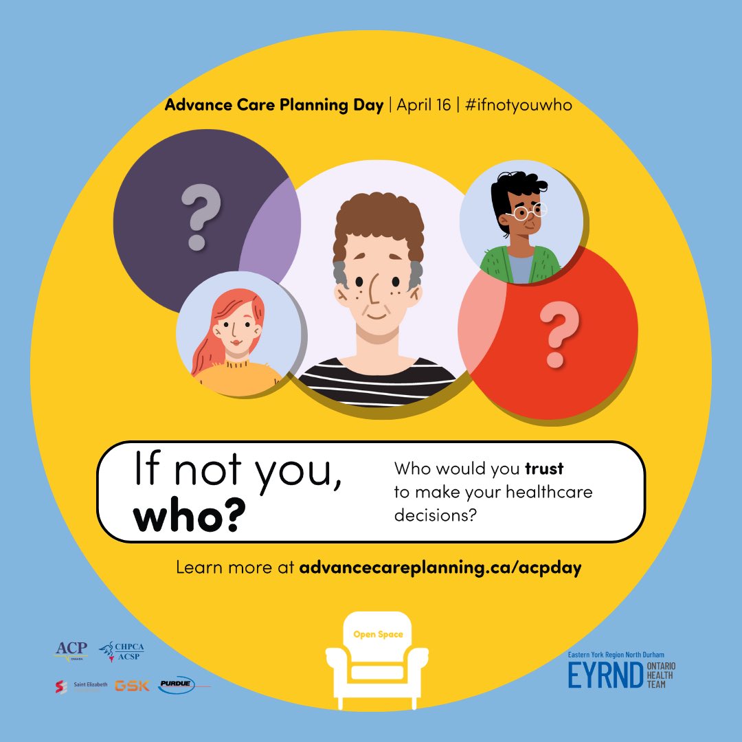 Planning for future healthcare needs is important
On #AdvanceCarePlanning Day -> Do you know what would happen if you couldn’t speak for yourself? 
Who would you trust to make those healthcare decisions for you? 
Learn about #ACP in Ontario 
advancecareplanningontario.ca
#ifnotyouwho