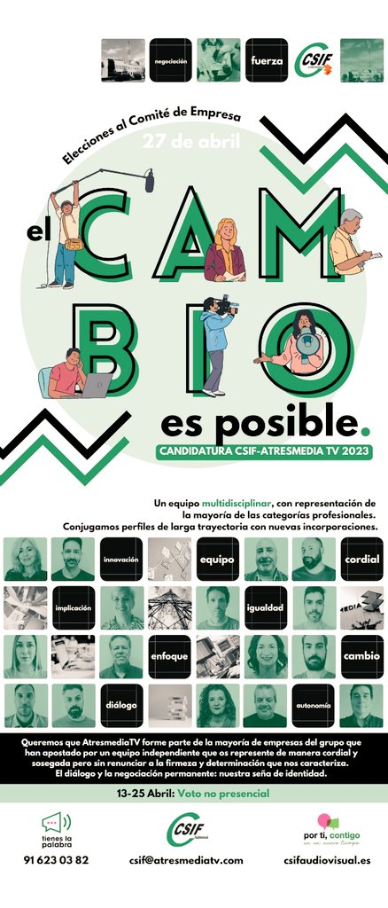 atrescsif's tweet photo. #ElCambioEsPosible #PonteLaPila #VotaCSIF 27 de abril Elecciones Sindicales Atresmedia Corporación. Súmate a la opción sindical más querida del Grupo @atresmediacom https://t.co/NGppTr00Vk