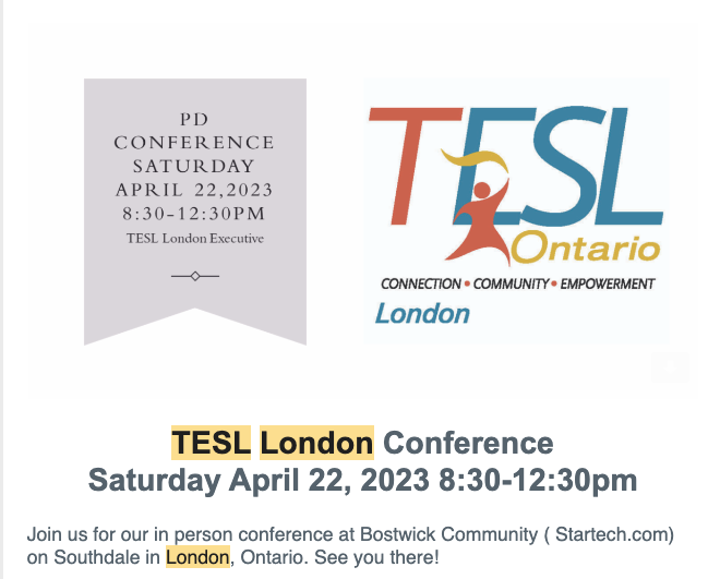 <a href="/tesllondon/">TESL London</a> @TESLOntario Come on out for our SPRING Conference THIS SATURDAY, April 22 at the BOSTWICK centre.   Register here: forms.gle/JL3GYG8vtYkn6W…