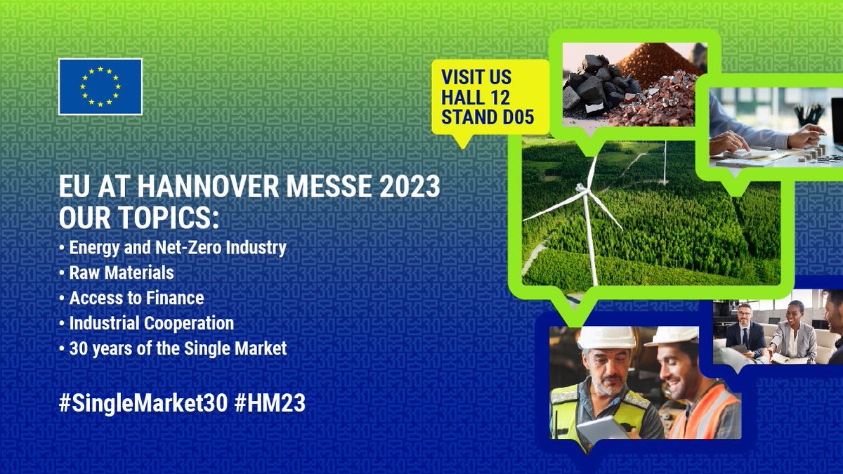 Internal Market, Industry, Entrepreneurship & SMEs (@eu_growth) on Twitter photo Will you be at Hannover Messe this year?
Don't miss the <a href="/EU_Commission/">European Commission</a> 🇪🇺 stage in hall 12 (D05)!
📢More than 2⃣0⃣ talks and panel discussions on topics such as: #competitiveness, #renewableenergy, #skills and many more!
🔎Full schedule: hannovermesse.de/exhibitor/euro…
#HM23 Will you be at Hannover Messe this year?
Don't miss the <a href="/EU_Commission/">European Commission</a> 🇪🇺 stage in hall 12 (D05)!
📢More than 2⃣0⃣ talks and panel discussions on topics such as: #competitiveness, #renewableenergy, #skills and many more!
🔎Full schedule: hannovermesse.de/exhibitor/euro…
#HM23
