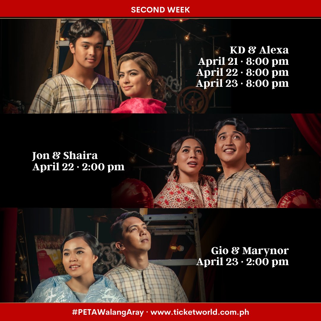 petatheater's tweet photo. It's #PETAWalangAray's second week! Here's our performing cast for this weekend of shows! ✨

KD &amp; Alexa
April 21 · 8:00 pm
April 22 · 8:00 pm
April 23 · 8:00 pm

Jon &amp; Shaira
April 22 · 2:00 pm

Gio &amp; Marynor
April 23 · 2:00 pm

https://t.co/2lVqtwrfj4 🎟️ https://t.co/ooqDvwWtJu