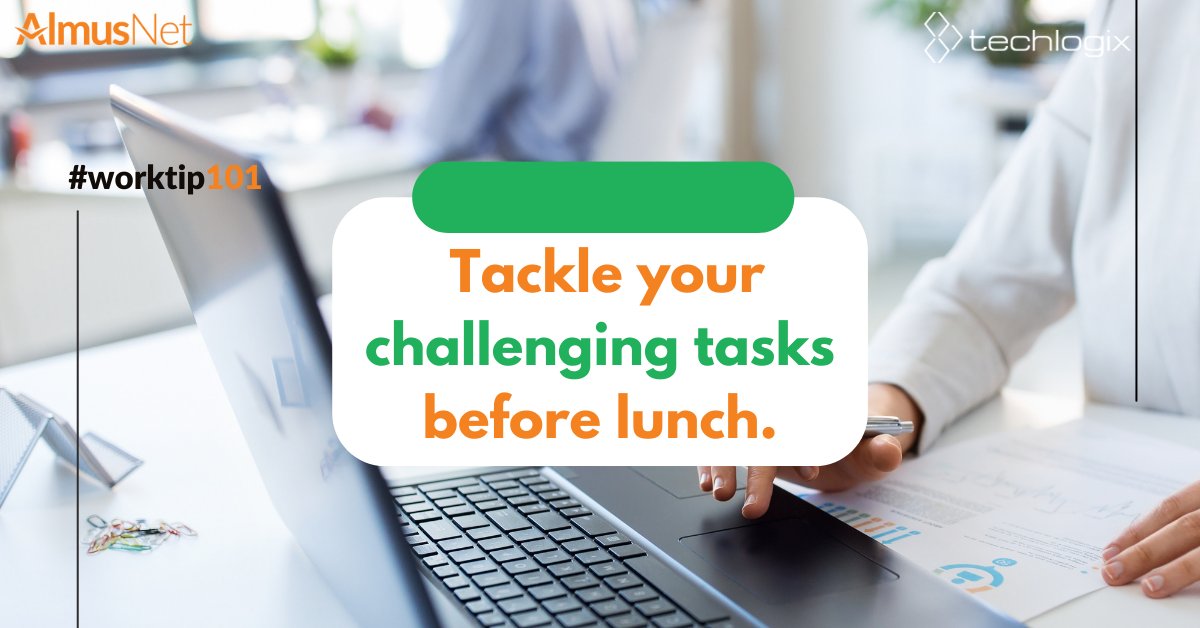 TechlogixGlobal's tweet photo. #worktip101: Tackle your challenging tasks before lunch. 

#mondaymotivation #worktips #workproductivity #protips https://t.co/PW4FsKkFgx