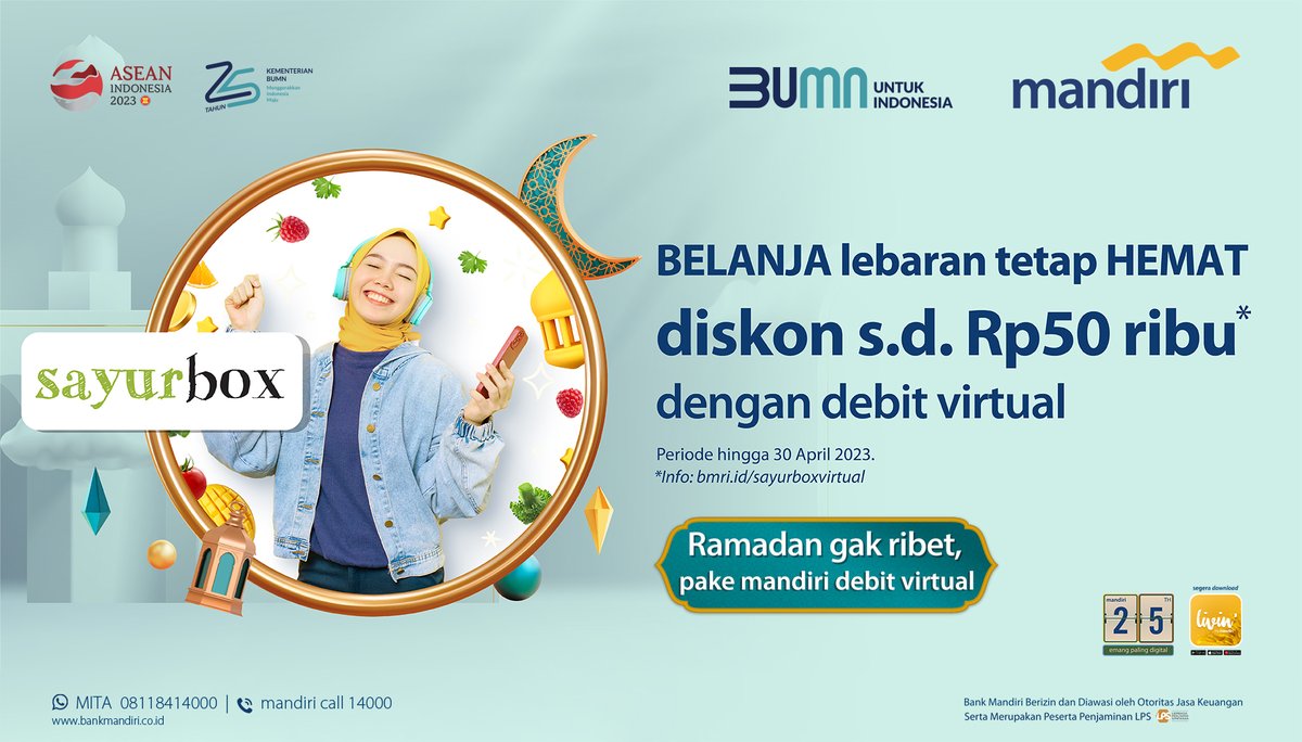 bankmandiri's tweet photo. BELANJA kebutuhan ramadan dan lebaran di Sayurbox lebih HEMAT dan sat set pake debit virtual!

Promo berlaku untuk transaksi di Sayurbox via Shopee hingga 30 April 2023. Info selengkapnya, kunjungi https://t.co/FcsqNNTCFH

#MandiriPromo #MandiriDebitVirtual https://t.co/x5UAHIjBe4