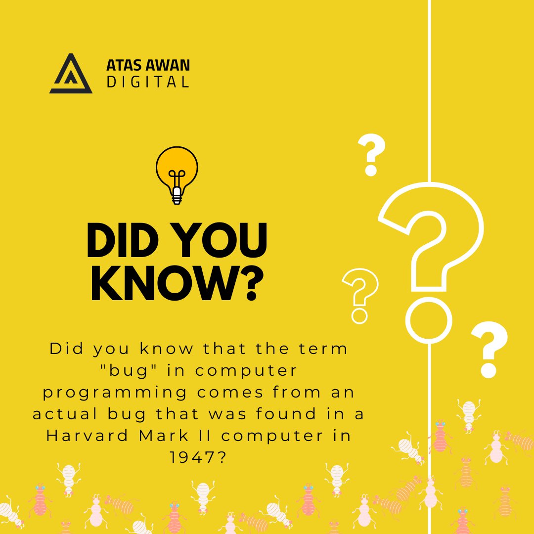 Did you know that the term 'bug' in computer programming comes from an actual bug?#ITfunfacts #didyouknowIT #technologytrivia #geekout #techhistory #computerscience #digitalhistory #technologyfacts #technologyhistory #techtrivia #bugs #programmingbugs #codingfun #atasawandigital