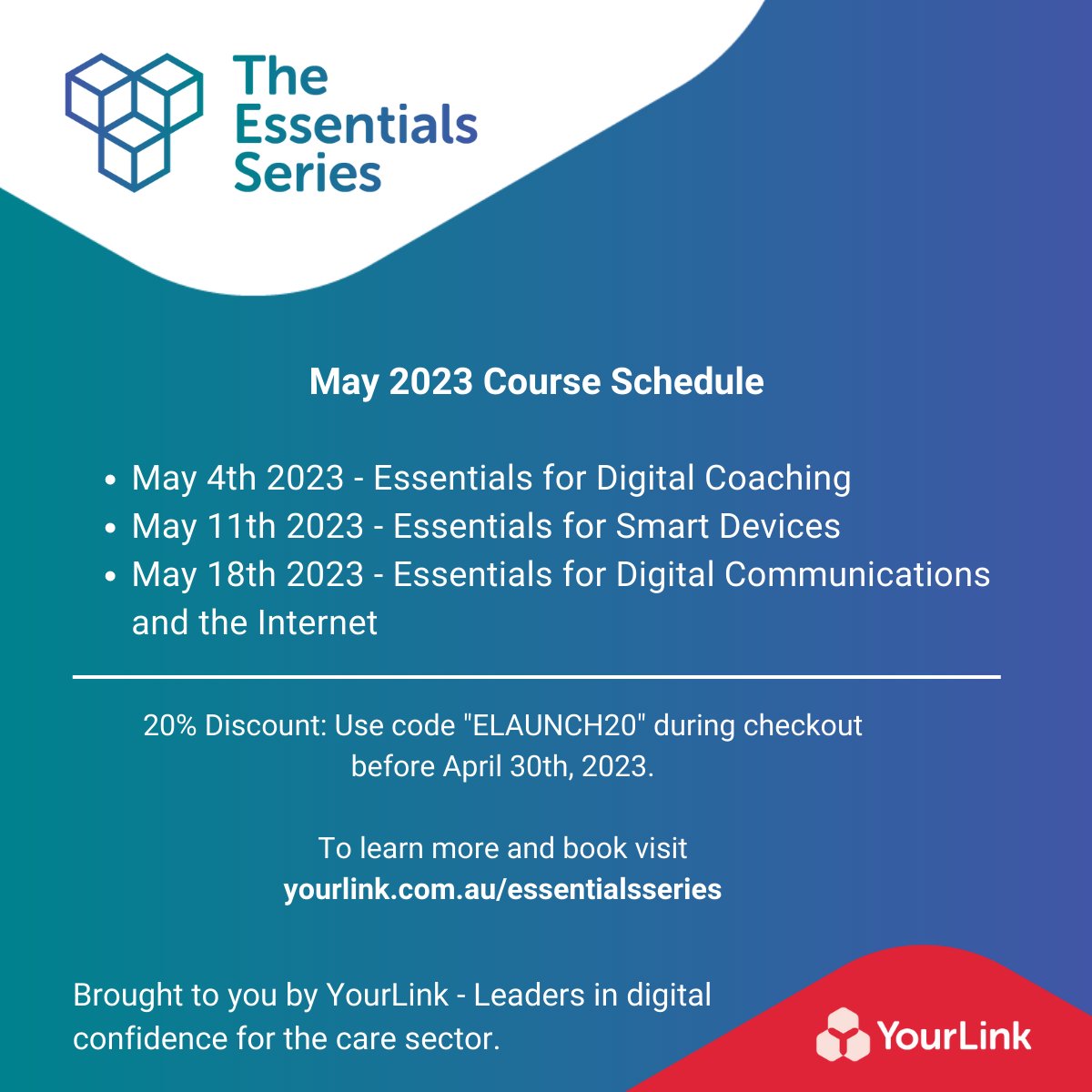 YourLinkAU's tweet photo. May 2023 Schedule
May 4th 2023 - Essentials for Digital Coaching  
May 11th 2023 - Essentials for Smart Devices 
May 18th 2023 - Essentials for Digital Communications and the Internet
20% off: Use code "ELAUNCH20" during checkout before April 30th.

Visit https://t.co/846fKft5jX https://t.co/j4SPpedB4B