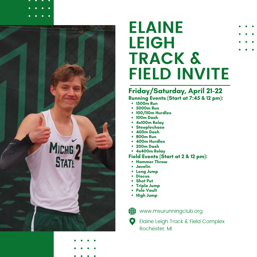 For one last time this semester 🥲, IT’S MEET WEEK!!!

This week’s meet is the Elaine Leigh Track &amp; Field Invite at Oakland University. This is a two-day meet, occurring on Friday, April 21 and Saturday, April 22.