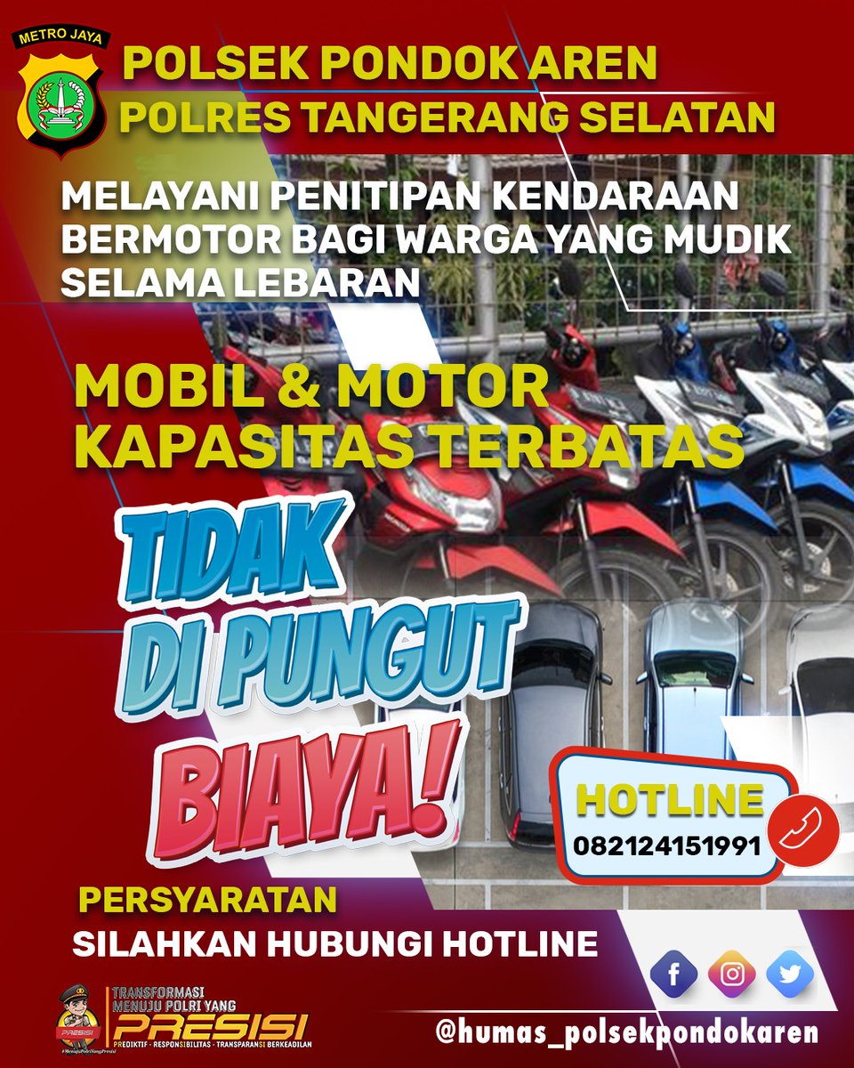 HumasAren's tweet image. Mudik naik Kendaraan Umum? Bingung mau titip Kendaraan dimana? Titip saja di Polsek Pondok aren biar aman.

Hotline Terlampir yaa.. terima kasih.

#titip #kendaraan #polsekpondokaren